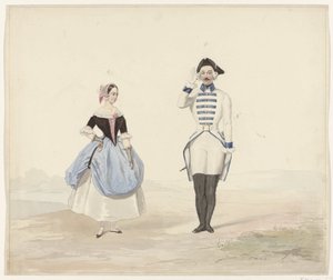 Mies ja nainen historiallisessa asussa, 1841 Kuusi akvarellia aikakauden pukuja pukuballiin vuonna 1841 (sarjan nimi)