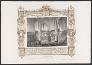 Kulkue painokoneen kanssa, 1836 Kantaatti Pyhän Jaakobin kirkossa / 17.6.1836 (otsikko esineessä) Lautaset Utrechtsche Hogeschoolin toisen satavuotisjuhlan kunniaksi, 1836 (sarjan nimi)