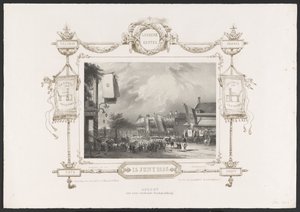 Kulkue painokoneen kanssa, 1836 Optogt van eene työskentelee Drukkerij / 15.6.1836 (nimi esineessä) Lautaset Utrechtsche Hogeschoolin toisen satavuotisjuhlan kunniaksi, 1836 (sarjan nimi)