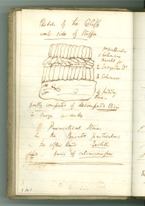 "Sketch of the Cliff West side of Staffa", sivu Sir Humphry Davyn henkilökohtaisesta muistikirjasta (muste paperille)