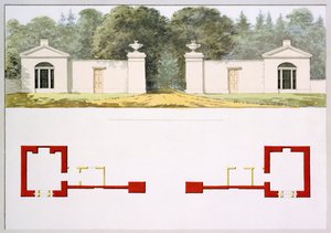 Ehdotettujen uusien sisäänkäyntiporttien ja majatalojen korkeus- ja pohjapiirrokset Antony Housen punaisesta kirjasta, n. 1812 (wc paperilla) tekijältä Humphry Repton