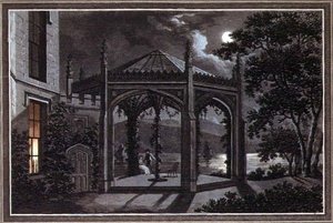 Goottilaisen kartanon paviljonki ja kasvihuone, "Havaintoja maisemapuutarhanhoidon teoriasta ja käytännöstä", pub. 1802 (väri litho) tekijältä Humphry Repton