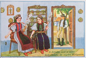 Postikortti, jossa naiset perinteisessä unkarilaispuvussa pyörivät ja laulavat suosittua laulua Sing a Song to the Frog, n. 1940 tekijältä Hungarian School
