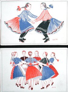 Perinteisiä unkarilaisia tansseja kuvaavat postikortit, n. 1947-1948 (värilitho) tekijältä Hungarian School