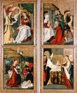 Ilmoitus, Kristuksen syntymä, tietäjien palvonta ja esitys temppelissä Szepeshelyn alttaritaulusta, 1480-90 tekijältä Hungarian School