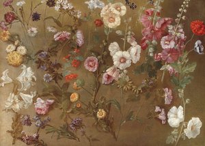 Kukkatutkimusten kokoonpano, mukaan lukien neilikat, neulatyynykukat, pomppivat vedot, malva; hollyhocks, afrikkalainen kehäkukka, unohtumattomat tekijältä Hyacinthe Francois Rigaud