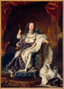 Ludvig XV:n viisivuotiaan lapsen muotokuva pyhässä puvussa, Ranskan kuningas (1710-1774). Hyacinthe Rigaudin (1659-1743) maalaus