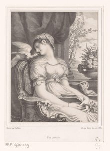 Dona asseguda amb llibre i ocell blanc Acabat Une pensée (títol sobre objecte). tekijältä Hyacinthe Louis Victor Jean Baptiste Aubry Lecomte