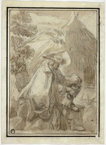 Thatched Hutin istuva mies manttelissa tekijältä III Follower of Herman Saftleven