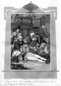 Amiraali Nelson makaa kuolettavasti haavoittuneena HMS Victoryn kortsakannella, 1816.