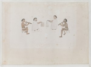 Tahitin muusikot. Neljä tahitilaista, kaksi tammaan pukeutuneena soittamassa nenähuilua; kaksi tiputa-rumpuihin pukeutunutta, Tallennettu Joseph Banks