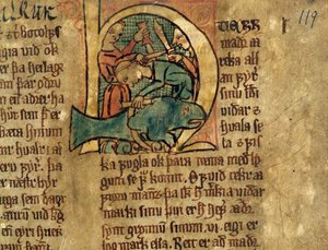 Historioitu alku H artikkelista, joka koskee rantavalaiden jakautumista, kopio alkuperäisestä 1300-luvun lakikokoelmasta Jonsbok