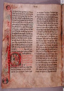 Historiallinen alkukirjain "P" varkaita koskevan osan alussa, Skarosbokista ("Skardin kirja"), n. 1350 (pergamentti).