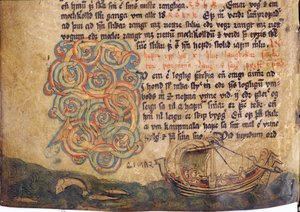 Historioitu alkukirjain S, kopiosta alkuperäisestä 1200-luvun Jonsbok-lakikokoelmasta