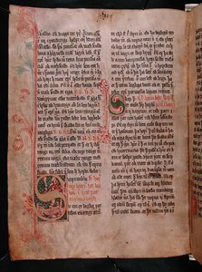 Historialliset nimikirjaimet "S" ja "P", Skarosbokista ("Skardin kirja") n. 1350 (vellum)
