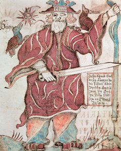 Odin ja hänen kaksi varistaan, Hugin (ajatus) ja Munin (muisti).