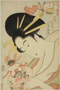 Ogiyan kurtisaani Hanahito ja palvelijat Sakura ja Momiji sarjasta "Viiden festivaalin kaunottaret (Bijin gosekku)"