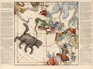 Pohjoisnapa, levy 1 kuvauksesta taivaallisesta maapallosta litteissä kehyksissä, pub. 1674 (käsinvärinen kaiverrus) tekijältä Ignace Gaston Pardies