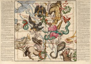 Talvipäivänseisaus, levy 5 kuvauksesta taivaallisesta maapallosta litteissä pöydissä, pub. 1674 (käsinvärinen kaiverrus) tekijältä Ignace Gaston Pardies