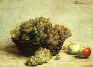 Asetelma, Rusinat ja omenat korissa; Nature Morte, Raisin et Pomme d"Api, 1880 tekijältä Ignace Henri Jean Fantin-Latour