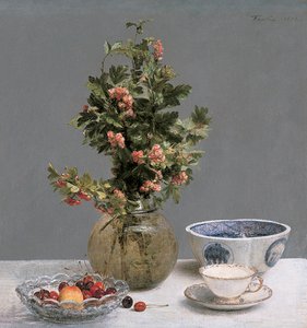 Asetelma orapihlajamaljakon kanssa, kulho kirsikoita, japanilainen kulho sekä kuppi ja lautanen tekijältä Ignace Henri Jean Fantin Latour