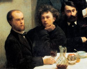 Pöytäkulma: vasemmalta oikealle: Paul Verlaine, Arthur Rimbaud, Elzear Bonnier. (Maalaus, 1800-luku) tekijältä Ignace Henri Jean Fantin Latour