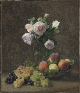Ruusujen, persikoiden ja viinirypäleiden maljakko, 1894 tekijältä Ignace Henri Jean Fantin Latour
