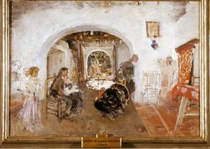 Valencian maatilan sisustus Espanjassa. Ignacio PINAZO CAMARLENCHin maalaus