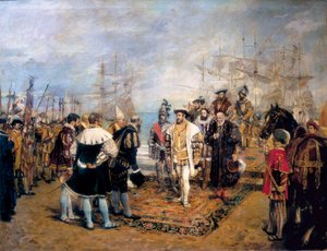 Francois I:n (1494-1547) maihinnousu Valencian satamassa (Espanja). Kaupungin kuvernööri Luis Villarrasa de Cavanilles (?) toivottaa Ranskan kuninkaan tervetulleeksi. Ignacio Pinazo Camarlenchin (1849-1916) maalaus öljy kankaalle