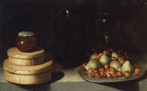 Asetelma (tarjotin, jossa on kirsikoita ja päärynöitä, laatikoita ja pullo hunajaa) - XX vuosisadan tekijältä Ignacio Zuloaga y Zabaleta