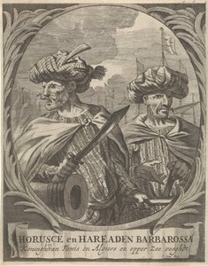 Muotokuvia Horuscesta ja Hareaden Barbarossasta, Barbary-merirosvoista Horusce ja Hareaden Barbarossa, Tunisin ja Algerin kuningas ja Ylämeren vartija (otsikko esineessä) tekijältä Ignatius Lux