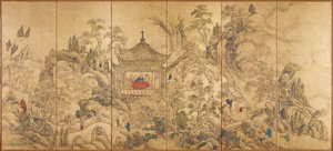 Maisema ja paviljonki (Roukaku Sansui Zu, Maisema tornilla) - Ike no Taigan (1723-1776) kuuden paneelin näyttöparin vasen osa, akvarelli ja muste paperille, noin 1750 - 1700-luvun japanilainen taide, itämainen maisema - Tokion kansallinen M