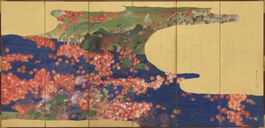 Vaahteranlehdet purolla, kuuden paneelin näyttö, Edo-kausi, 1856-58 (muste ja väri kullatulla paperilla) tekijältä Ikeda Koson