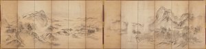 Mountain Views, kuuden paneelin näytön kääntöpuoli, Edo-kausi, 1856-58 (pesu paperille) tekijältä Ikeda Koson