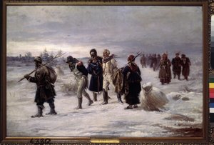 Vuonna 1812. (Napoleonin suuresta armeijasta vangitut vangit kävelevät lumessa uupuneena, venäläisten talonpoikien saattajana). Illarion Mikhailovich Prjanišnikovin (1840-1894) maalaus öljy kankaalle