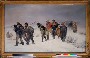 Vuonna 1812. (Napoleonin suuresta armeijasta vangitut vangit kävelevät lumessa uupuneena, venäläisten talonpoikien saattajana). Illarion Mikhailovich Prjanišnikovin (1840-1894) maalaus öljy kankaalle