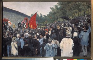 Paneeli ScrThe vuosittaiseen tapaamiseen Père Lachaisen hautausmaalla Pariisissa. (Federated Wallin edessä, jonka edessä Kommuunin taistelijat ammuttiin vuonna 1871, josta on sittemmin tullut vapaustaistelun ja vallankumouksellisten ihanteiden symboli). Ma tekijältä Ilya Efimovich Repin