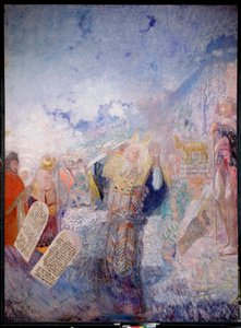 Mooses ja kymmenen käskyä. Hänen takanaan Kultainen vasikka. Maalaus Juri Iljitš Repin (Youri Repin) (1877-1954), öljy kankaalle, noin 1930. Venäjän taidetta, 1900-luku, modernia taidetta. I. Repinin muistomuseo Penates, Pietari. tekijältä Ilya Efimovich Repin