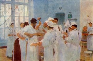 "Kirurgi Jevgeni Vasilyevich Pavlov 1845-1916 leikkausteatterissa", 1888, 1965. tekijältä Ilya Efimovich Repin