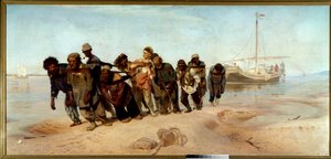 Volgan veneilijät Ryhmä miehiä (kuljettajia) piirtää veneen vedestä Venäjällä - Ilia (Ilja) Repinen (1844-1930) maalaus, öljy kankaalle