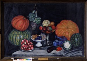 Vihannekset. Asetelma kurpitsaa, artisokkia, luumuja, viinirypäleitä, omenoita, päärynöitä, munakoisoa, pippuria, kaalia, kukkakaalia ja vesimelonia. (Vihannekset. Asetelma). Ilja Ivanovitš Mashkov (Ilia Mashkov, Matchkov) maalaus (1881-1944), öljy kankaal tekijältä Ilya Ivanovich Mashkov