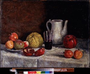Asetelma granaattiomenan kanssa. Maalaus Ilja Ivanovitš Mashkov (Ilia Mashkov, Matchkov) (1881-1944), öljy kankaalle, loppu 1930. 1900-luvun venäläistä taidetta, Neuvostoliiton taidetta. Alueellinen A. Deinekan taidegalleria, Kursk (Venäjä).