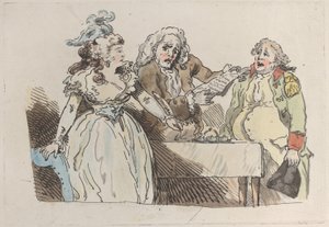 Nuori nainen perillinen valmistautuu allekirjoittamaan asiakirjan, 1780-1800., 1780-1800. tekijältä Imitator of Thomas Rowlandson.