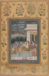 Pariskunta terassilla palvelijoiden ja muusikoiden ympäröimänä tekijältä Indian 18th Century