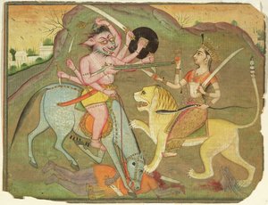 47.110/174 Durga taistelussa Mahishasuran kanssa, Devi Mahatmyan foliosta, Devanagari, Text on Rivers, Bikaner, Rajasthan, Rajput School tekijältä Indian School