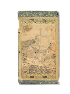Merihirviön hyökkäämä karavelli, Mughal Intia, n. 1590 (läpinäkymättömät pigmentit, joita on korostettu kullalla ja hopealla paperilla) tekijältä Indian School