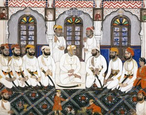 Jaipurin raja, joka on pukeutunut palvontaan durbariin, n. 1845 (läpinäkymätön wc ja kultaa paperilla) tekijältä Indian School