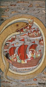 Kuninkaallista laivastoa syövä hirviömäinen käärme, n. 1670-1690 tekijältä Indian School