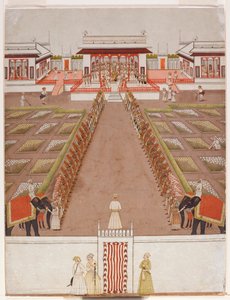 Nawab-piha paviljongissa, pidättimien ja kahden norsun takana, n. 1765 (läpinäkymätön wc ja kultaa paperilla) tekijältä Indian School