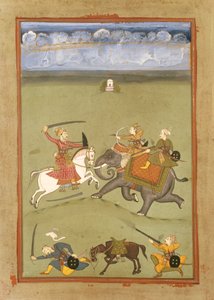 Prinssi taistelee vihollisiaan elefantilla, n. 1710 tekijältä Indian School